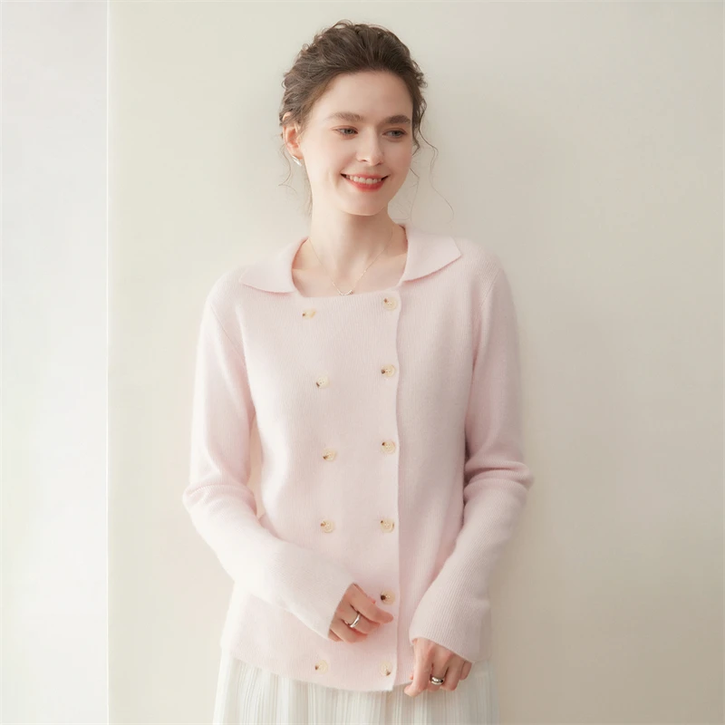 เสื้อสเวตเตอร์แคชเมียร์สำหรับผู้หญิง ฤดูใบไม้ร่วง ฤดูหนาว แบบกระดุมสองแถว ปกพับ คอปกแบบเรโทร ผลิตจากแคชเมียร์ 100% เสื้อถักสำหรับสุภาพสตรีทำงาน