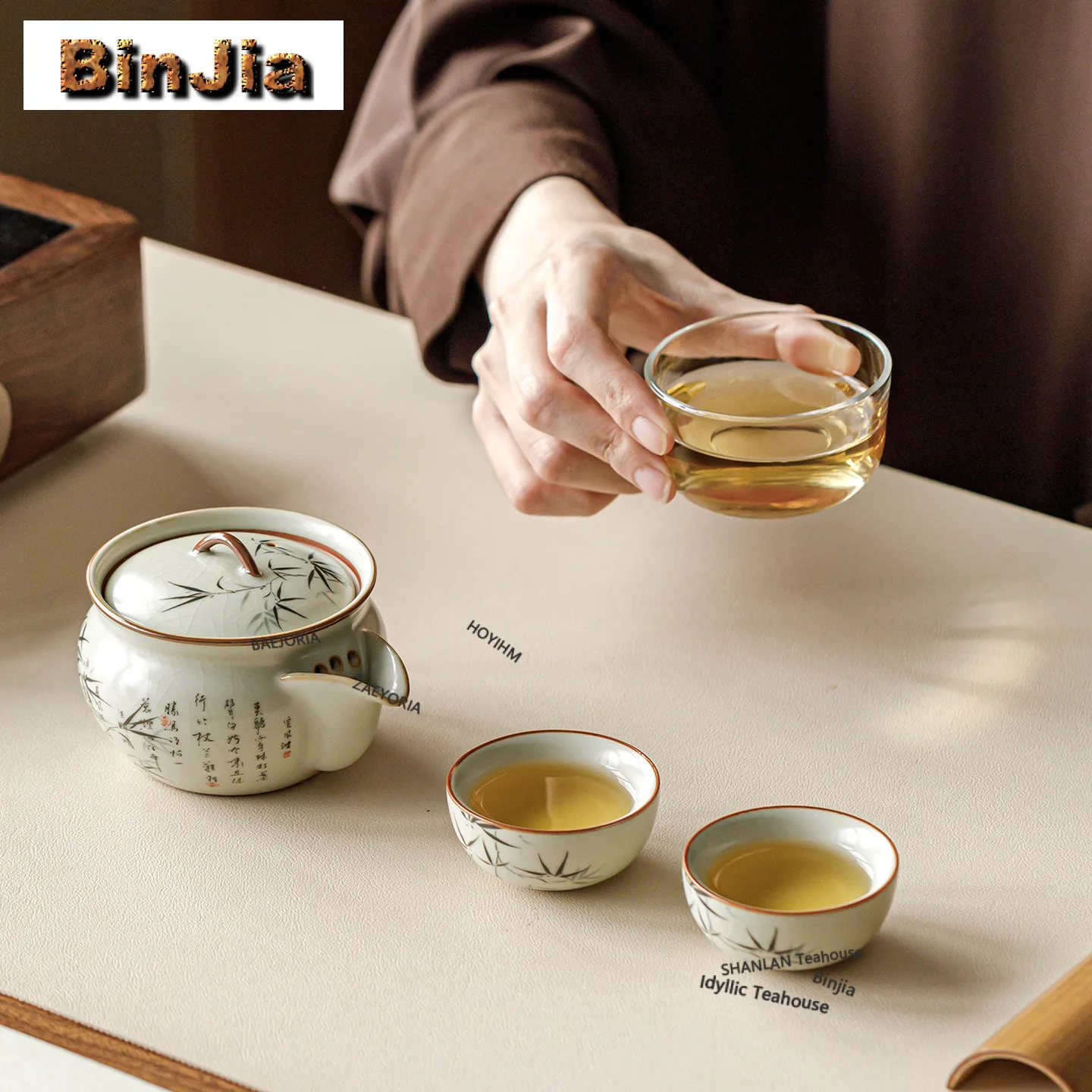 

Beige Ru Kiln Ink Bamboo Travel Tea Set Kit Boutique 1 Pot 3 Cups Tea Making Organizer Portable Outdoor Tote Bag Collection
