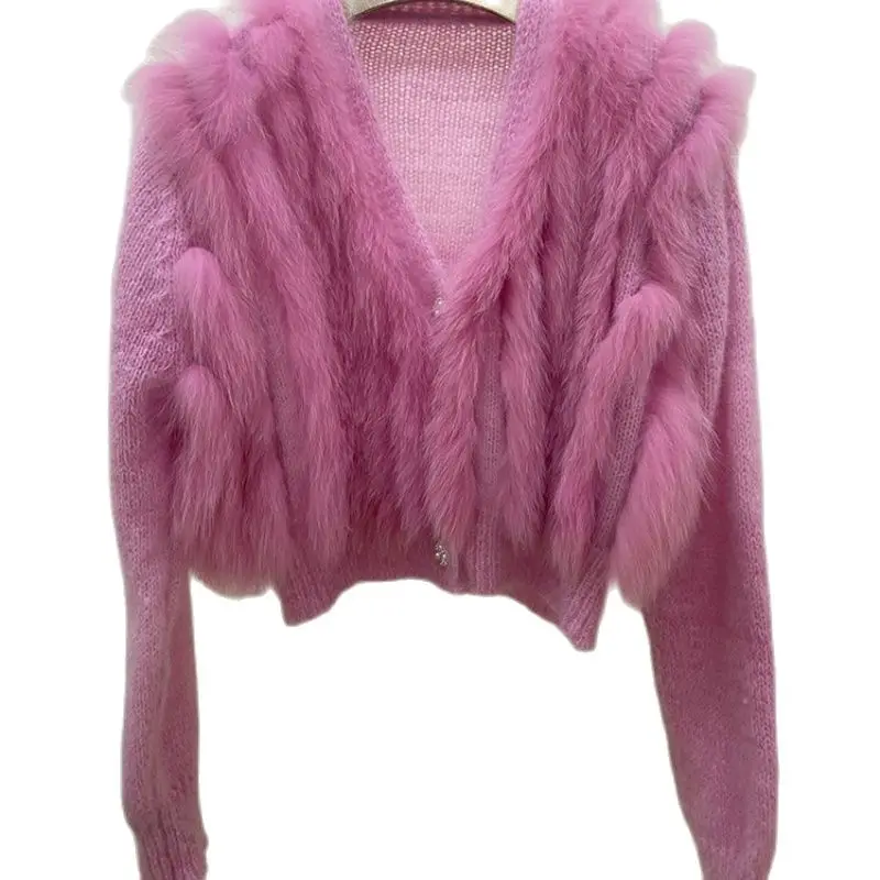 

2023 New Lady's Fashion Sweater Coat Real Fox Fur Loose Autumn and Winter Fox Fur Women Strip Sewed Together Outside Decoration