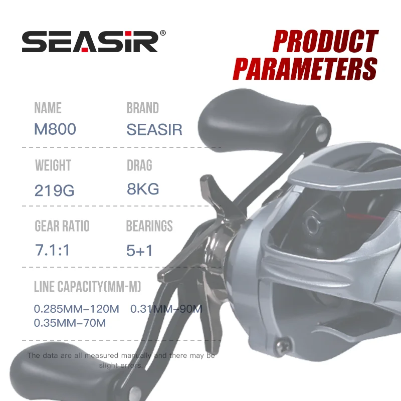 SEASIR M800 Baitcasting Reel 8KG Max Drag 5+1BB 7.1:1 High Speed Gear Ratio Fresh Saltwater Magnetic Brake System Fishing Coil