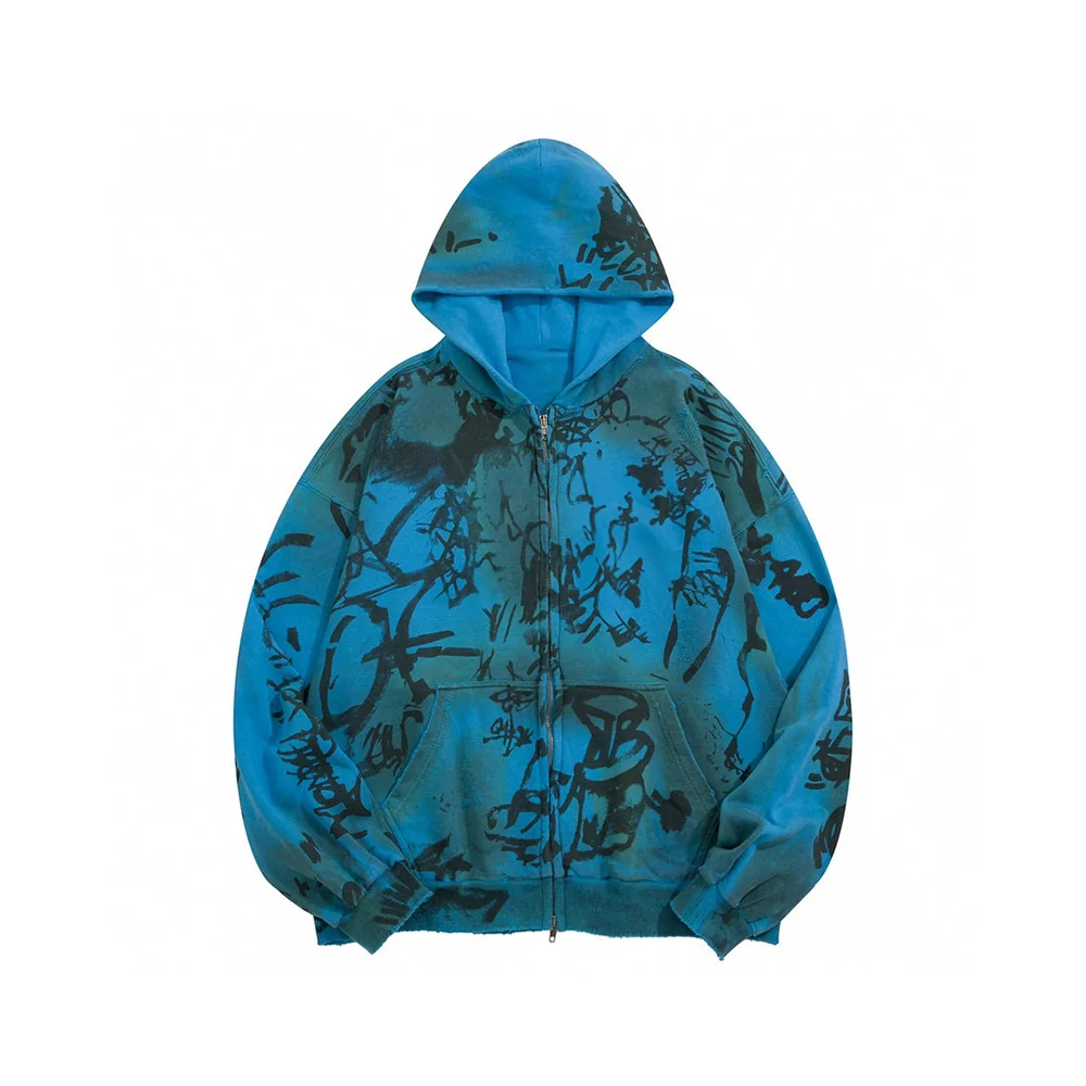 NIGO Aged Effect Graffiti Zipper Hooded Sweatshirt Regular Fit Men\'s Fashion Blue Graffiti Hooded Jacket Pants #nigo6481