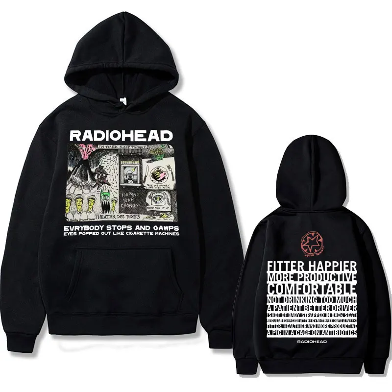 British Vintage Rock Band Radiohead Evrybody Stops and Gawps Hoodies  Eyes Popped Out Like Cigarette Machines Album Print Hoodie