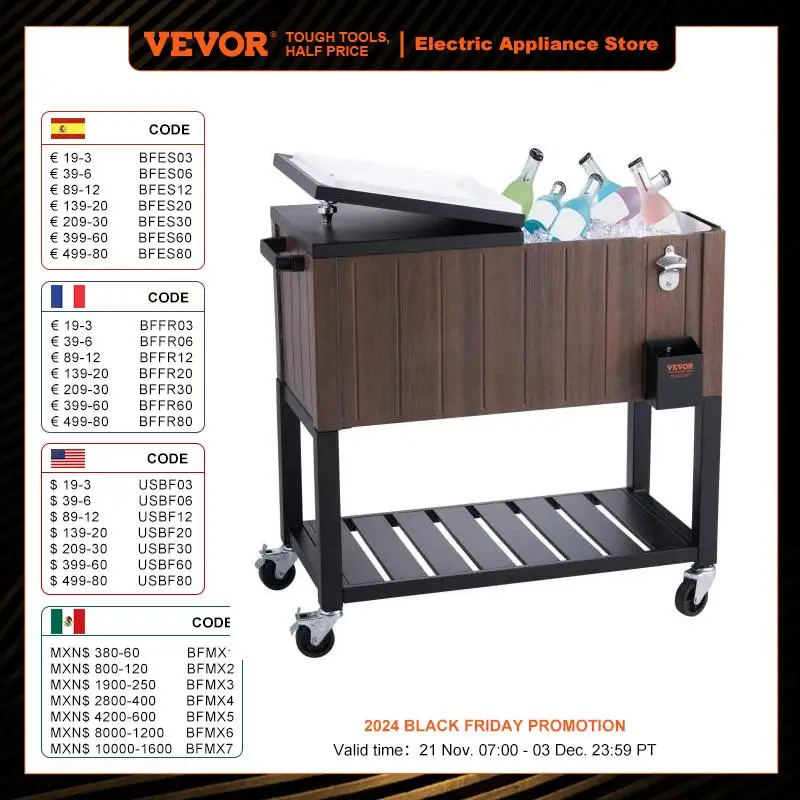 VEVOR 80QT Rolling Ice Chest Cooler Cart Portable Bar Drink Cooler Beverage Bar Stand Up Cooler for Patio Backyard Party Pool