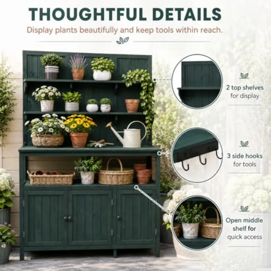 Garden Potting Bench with Hutch, Solid Fir Wood Workstation