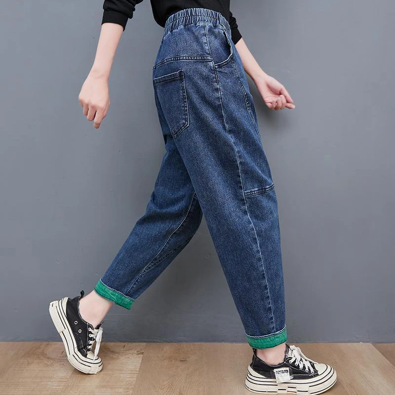 Oversize 95kg Loose Harem Jeans Women Ankle-Length Casual Jogger Vaqueros Elastic High Waist Streetwear Boyfriend Denim Pants