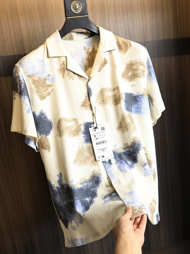 Loose Cuban Collar Short Sleeve Men's Shirt Summer Fashion Urban Style Breathable Comfortable Dyed  Line Male Model
