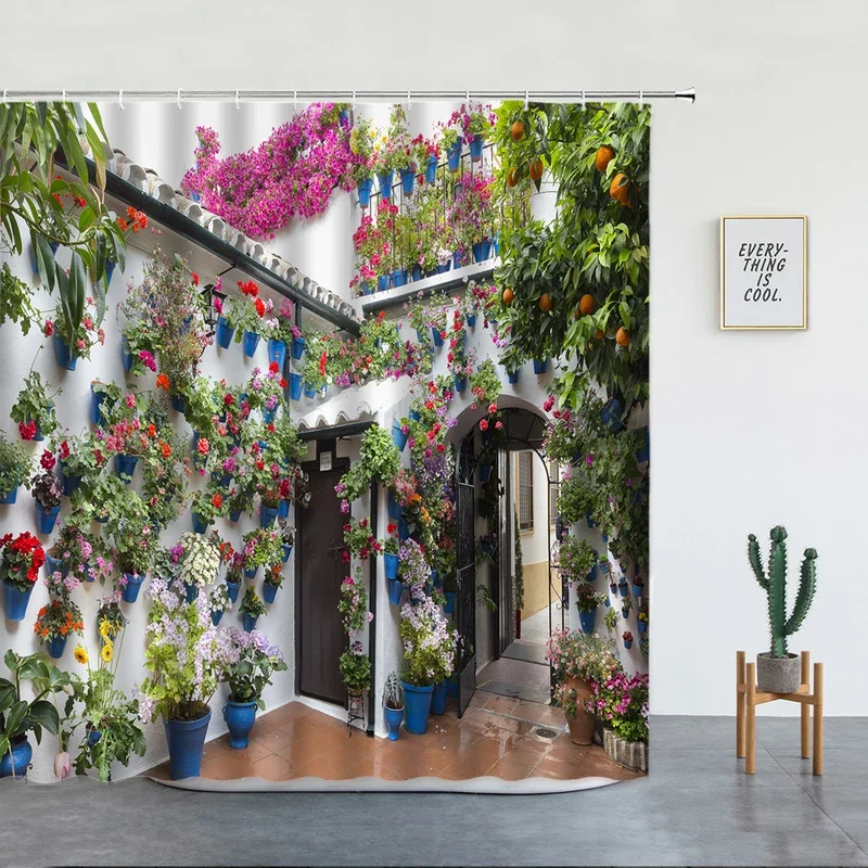 Italian Landscape Shower Curtains Country Town Mediterranean Leafy Plants Retro Door European Architecture Bathroom Decor Hooks