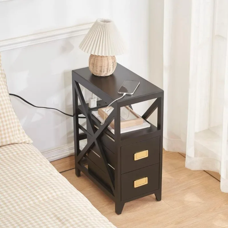 Fully Assembled Narrow Side Table with Charging Station, No Assembly Narrow Nightstand with USB Ports, Pre Assembled