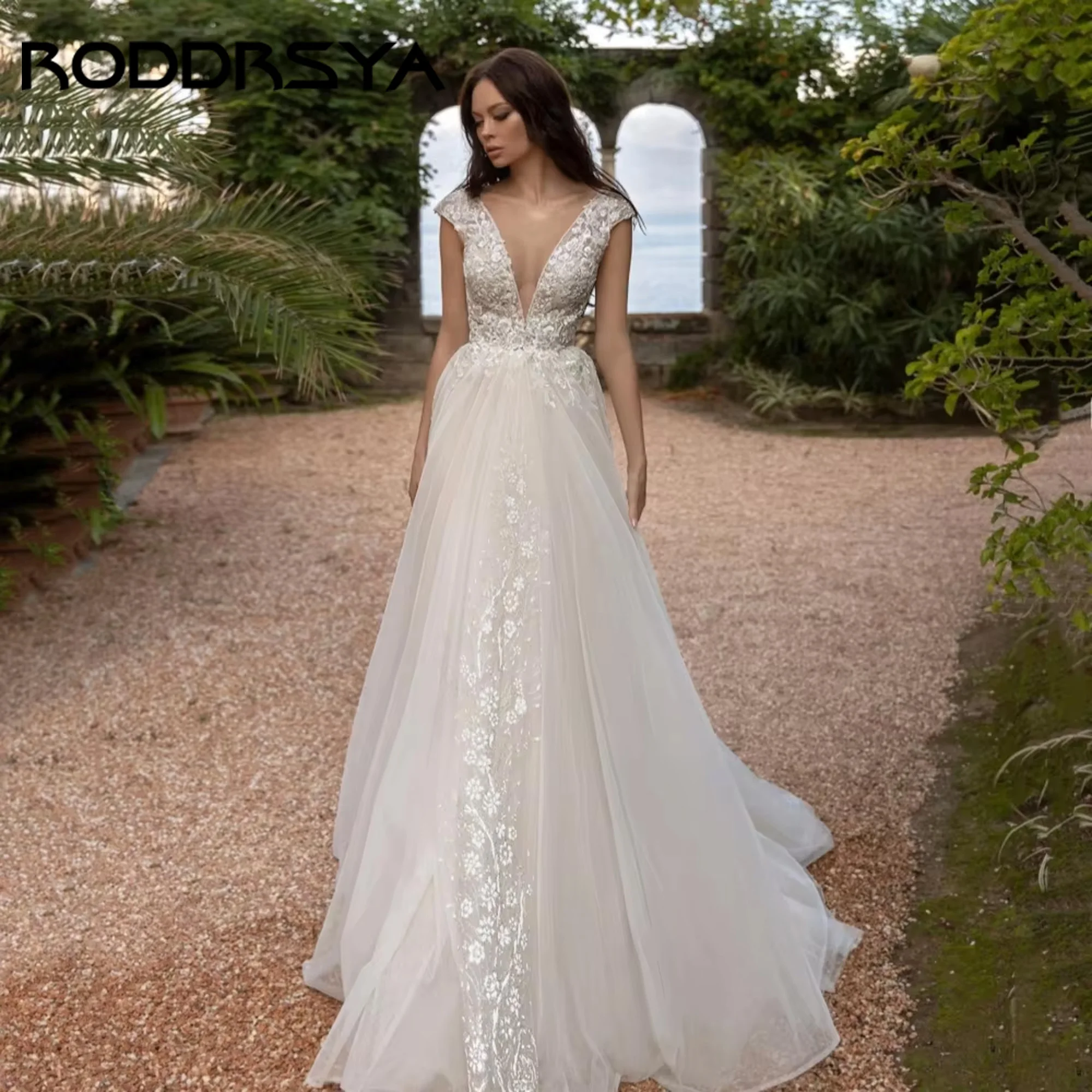 

RODDRSYA Boho A-Line Wedding Dresses Deep V-Neck Appliques Bride Dress Tulle Cap Sleeve Bridal Gowns New Vestidos Customized
