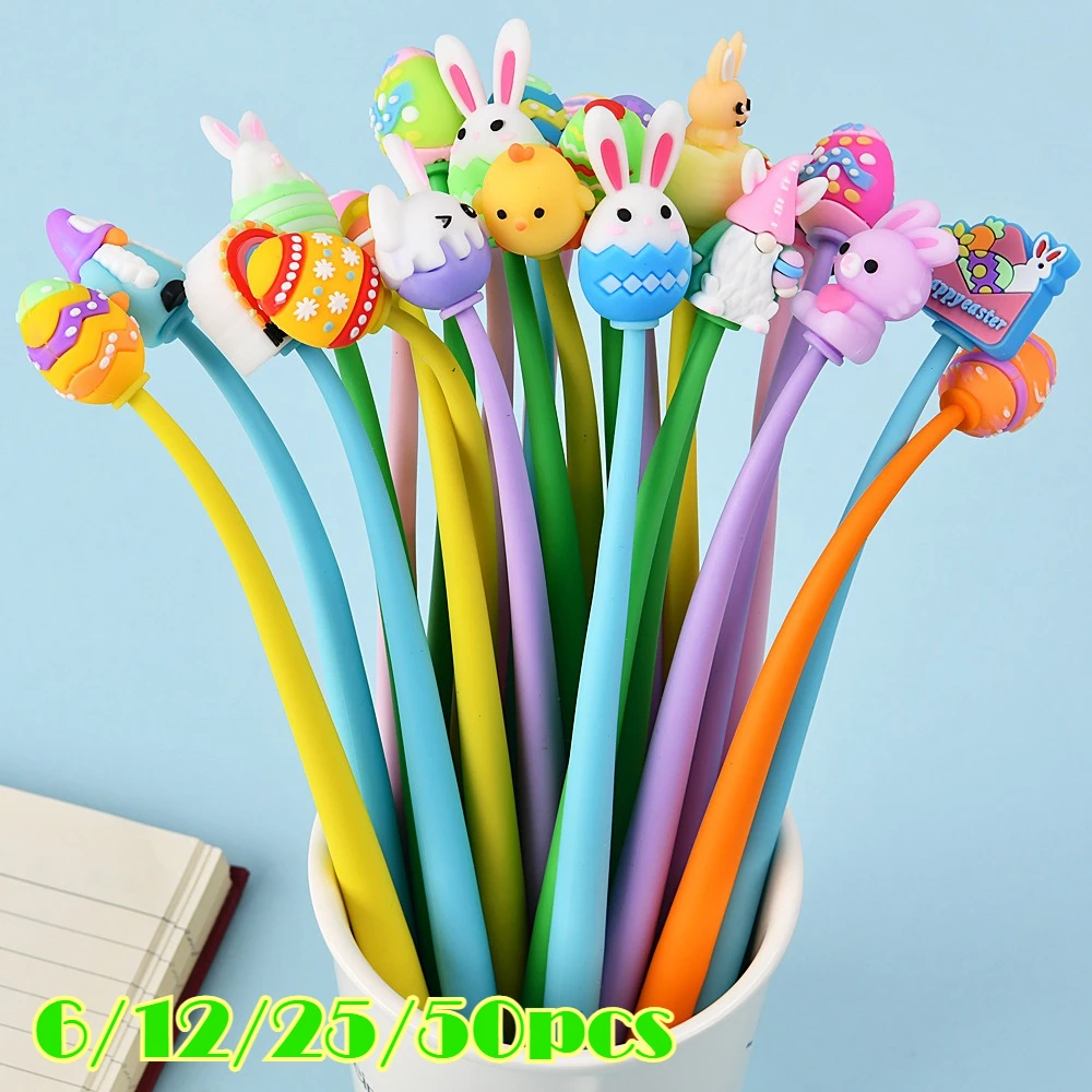 

6/12/25/50pcs Easter Shaker Pen with Silicone Rabbit Head Cute Gel Pen Writing for Students School Supplies Festival Gift