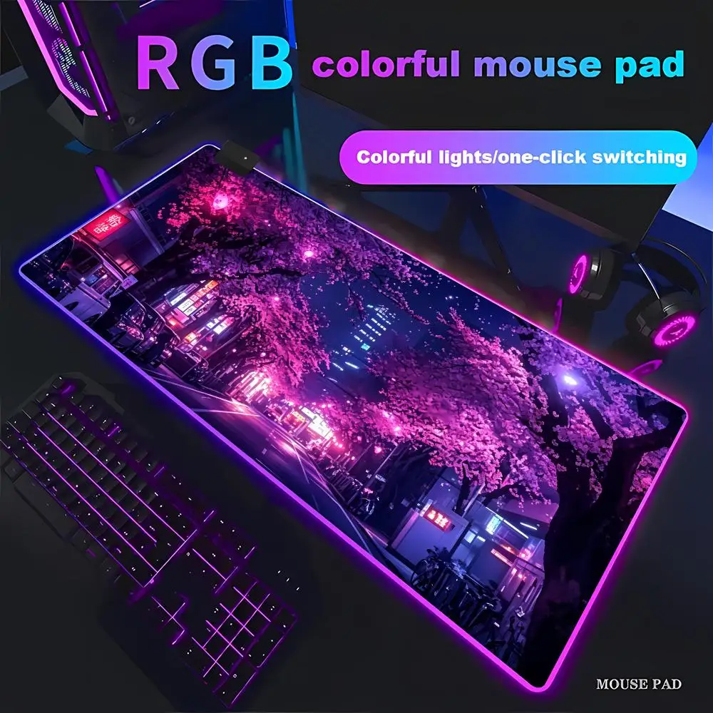 RGB Mouse Pad Japanese Street Purple Sakura Work Office Accessories Desk Pad  Protector HYBXAXC Gaming Room Decoration Gamepad
