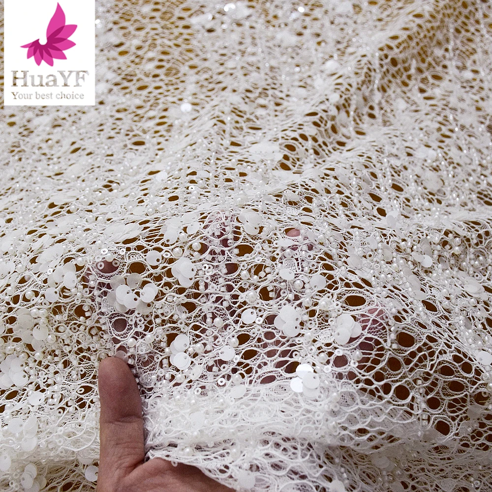 High Quality African White Pique Beaded Pearl Lace Sequin 3d Chantilly French Wedding Bridal Dress Fabric 5 Yards HY2823