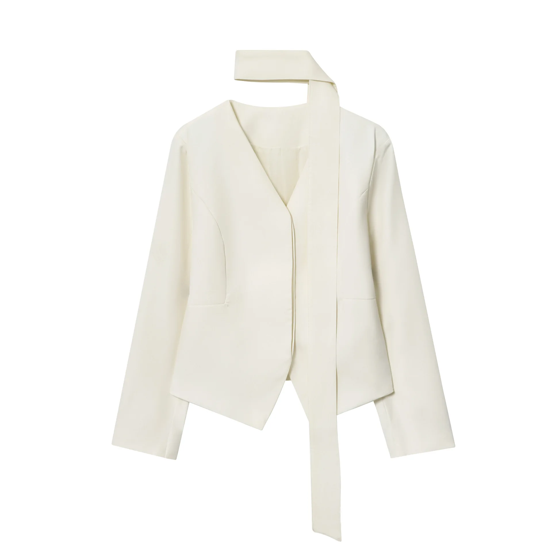 

KIDCRKJ Elegant Women Spring Suit Coat White V-Neck Full Sleeve Scarf Spliced Lady Blazer Jacket Instagram-Style Female Coat