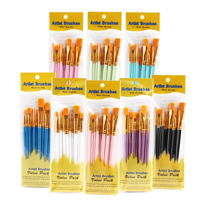 10Pcs Multicolor Paint Brush Set, Nylon Hair Artist Brushes for Oil Watercolor Acrylic, Canvas Rock Nail Art Painting Great Gift