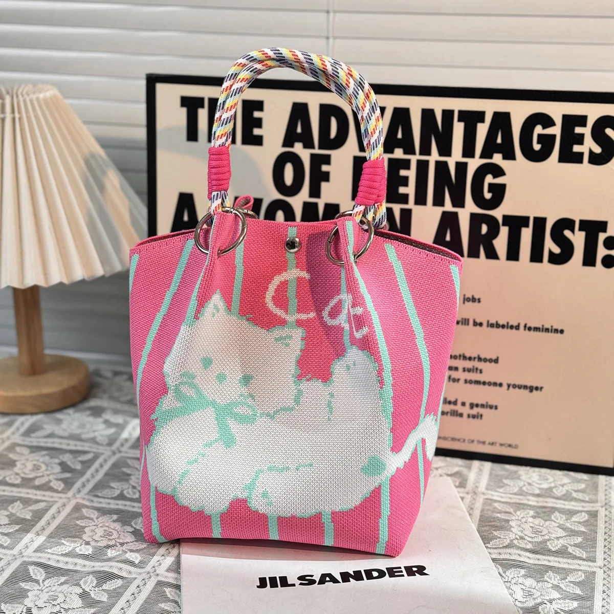 Cute Kitten Knitted Handbag, High-Quality, Eco-Friendly, with Chinese Blessing Messages, Gift Bag, Multifunctional, Large Capacity Tote Bag, Suitable for Gifting to Family, Friends, Classmates, Holiday Shopping, Fashionable Handbag, Daily Casual Outing, Carrying Essentials, Women's Bag