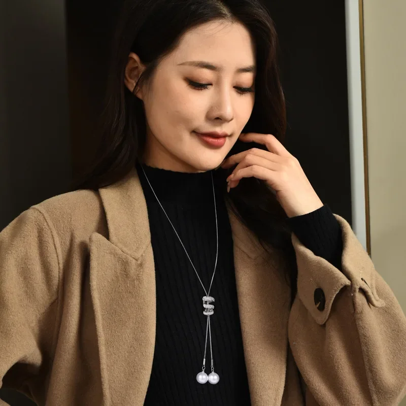 Цепочка для свитера с жемчужной кисточкой, длинная, универсальная на осень и зиму, трехслойное женское колье с бриллиантами
