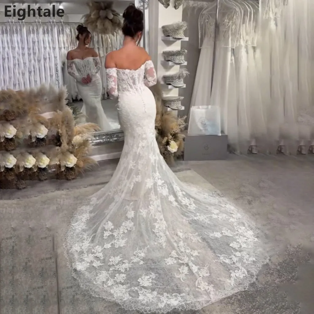 فساتين زفاف Eightale فاخرة حورية البحر بأكمام طويلة بدون أكتاف 2025 زي العرائس مزينة بالدانتيل رداء De Mariage مخصص