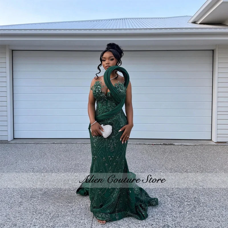 Luxury Emerald Green African Evening Dress Pleated One Shoulder Beaded Sequins Mermaid Long Prom Gown Aso Ebi Customized