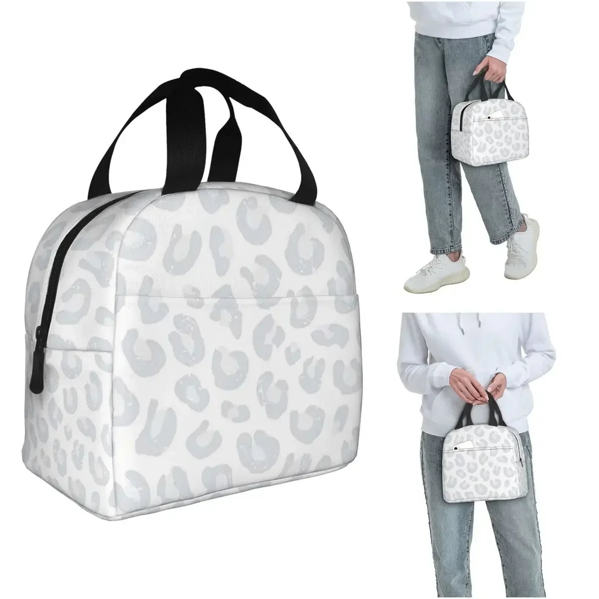 Leopard Print - Silver Gray And White Insulated Lunch Bag for Women Kids Portable Food Boxes Thermal Lunch Box Tote