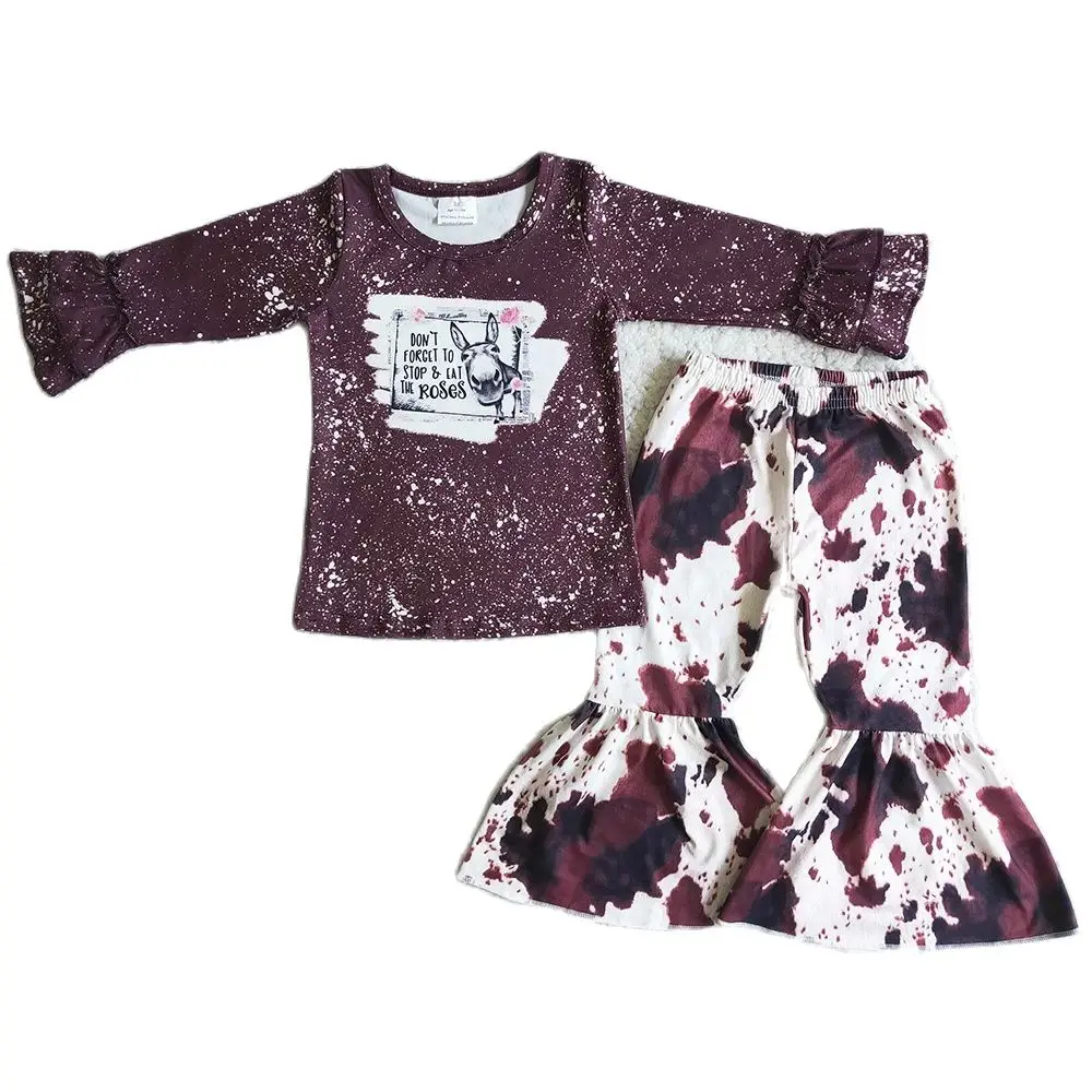 

RTS Baby Girls Designer Clothes Fashion Kids Children Clothing Long Sleeve Cow print Bell Bottom Pants 2pcs Girls Clothes Outfit