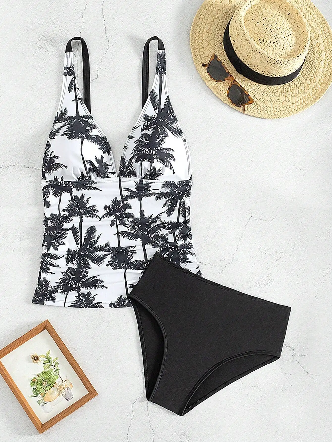 2 Piece Tankini Swimsuit Set Palm Print High Waisted Bikini Beach Vacation Swimwear