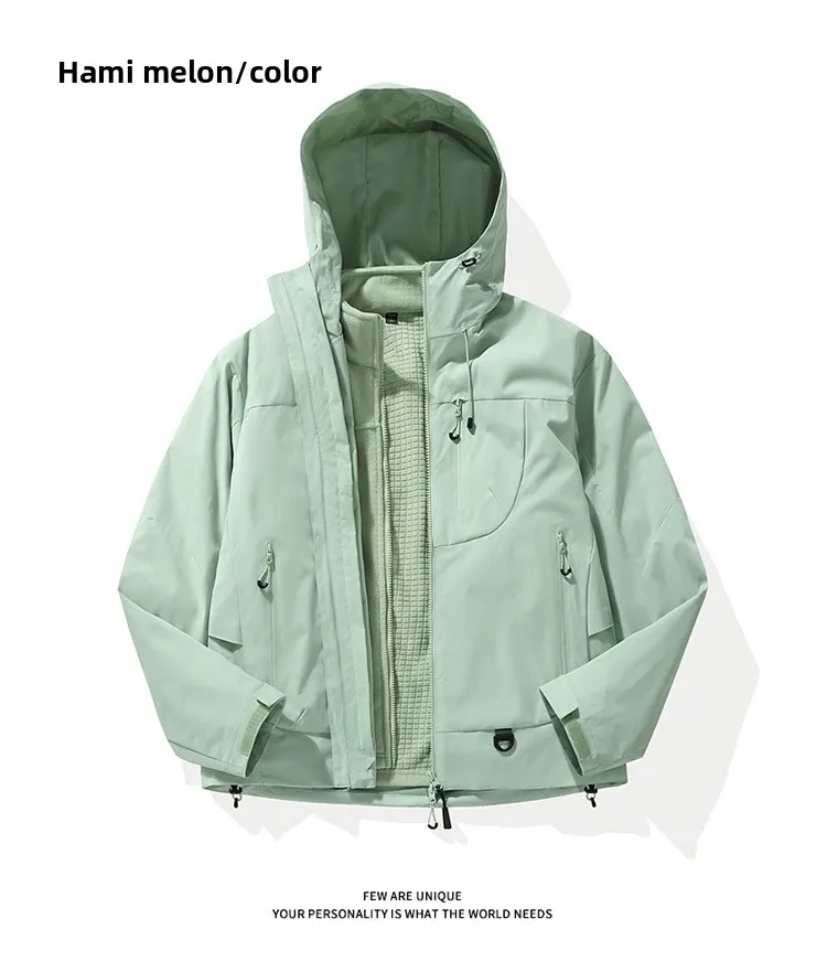 Empty Mountain Rain Hardshell Wind- und Wasserdichte Funktionelle Outdoor Drei-in-Eins-Kapuzen-Bergsteigerjacke für Männer und Frauen – Detail 21