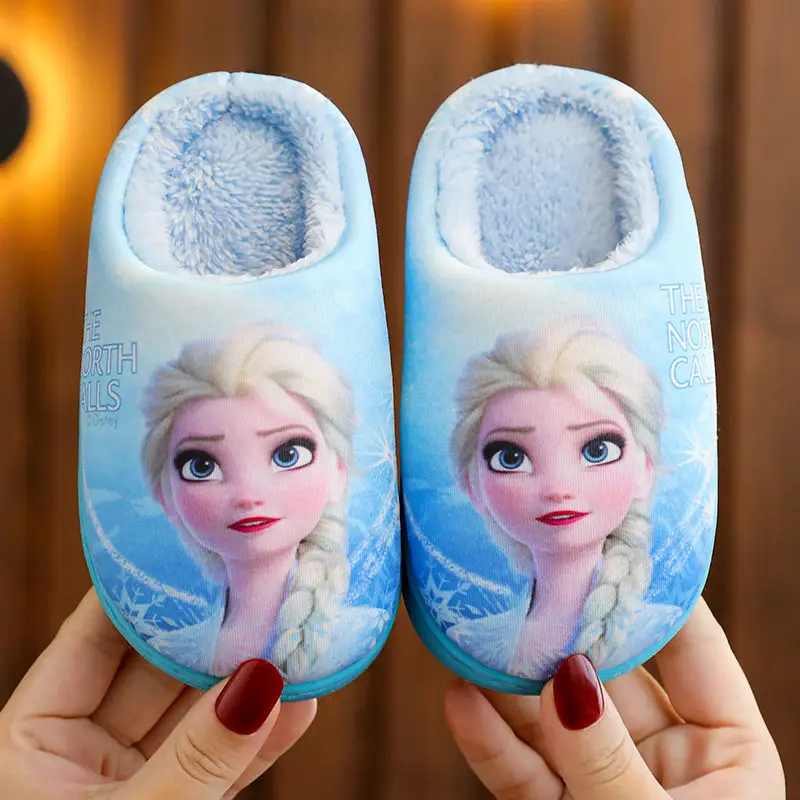 Disney Princess Sofia Elsa Winter Children\'s Cotton Slippers Girl\'s Parent-child Snow Non Slip Warm Baby Slippers Size 24-39