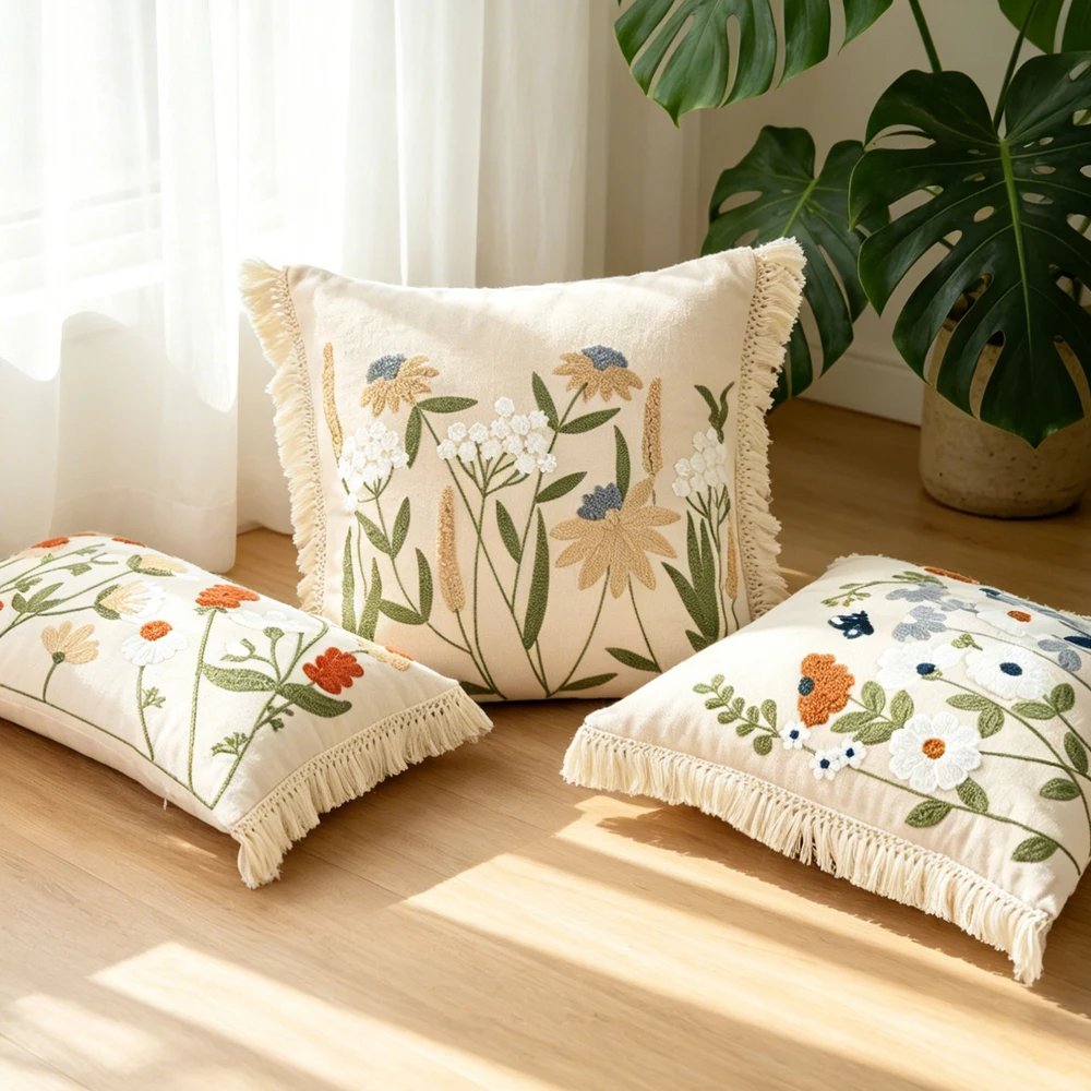 BUYNOW 1PC Floral Embroidered Cushion Cover Without Filler Bohemian Pastoral Style Cushion Cover Sofa Bedroom Home Fabric Decor