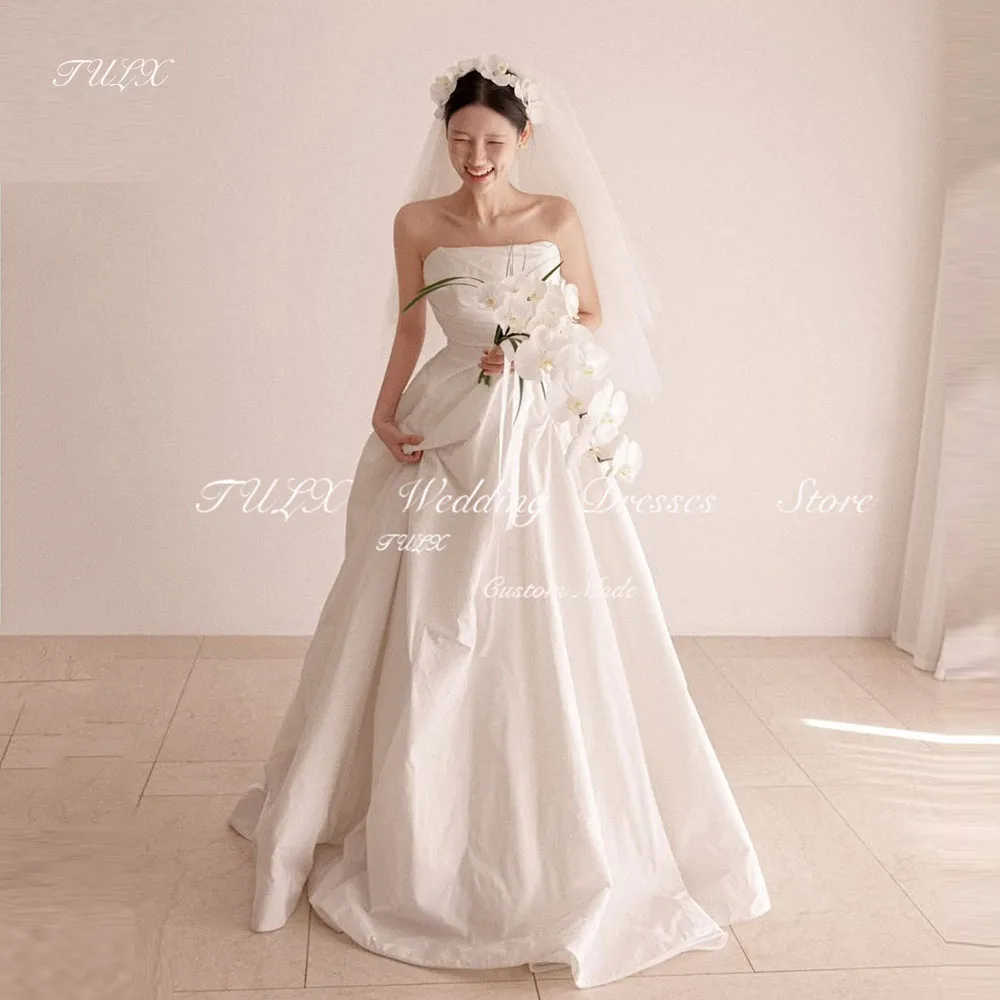 

TULX Elegant Taffeta Corset Wedding Photo Shoot Dress A line Strapless Pleat Korea Bridal Gowns Floor Length 웨딩드레스 Customized