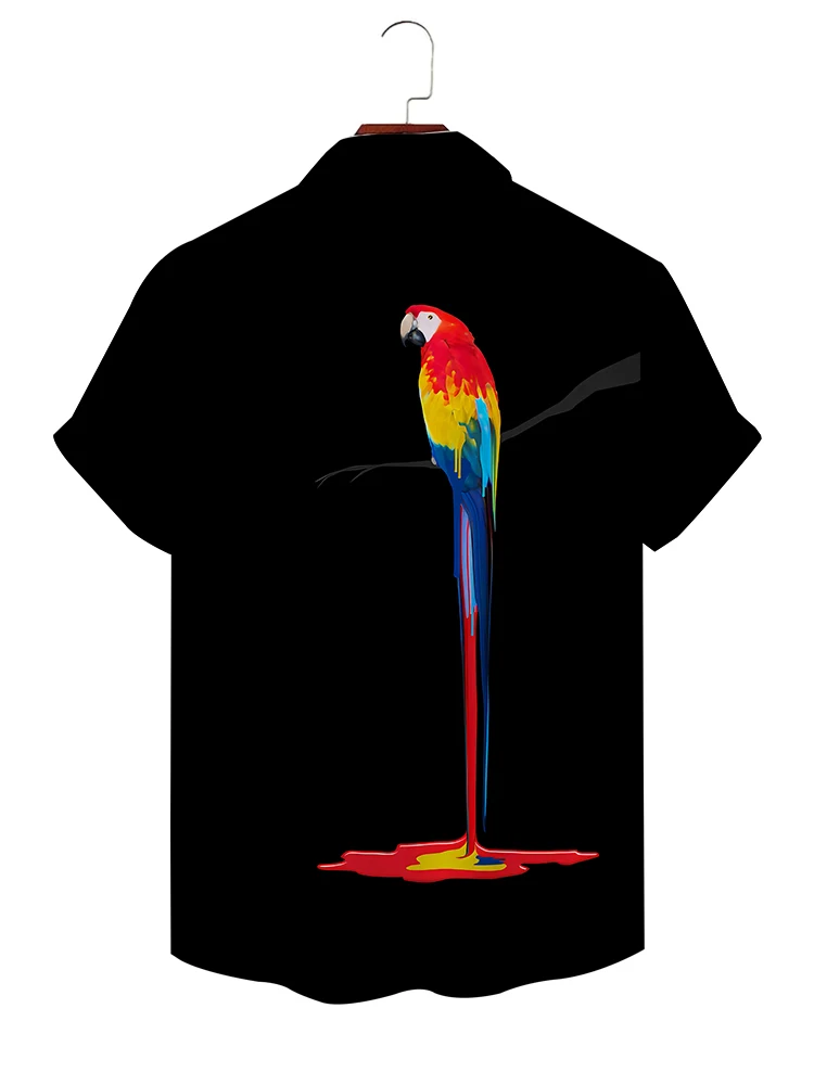 Summer Street Loose Casual Short -sleeved Shirt Fashion Men\'s Turn-down Collar Shirt Colorful Parrot 3D Digital Printing Shirt