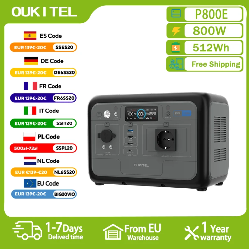 Station d'alimentation portable OUKITEL P800E, générateur solaire 800W, batterie Lifepo4 512Wh, alimentation de secours pour la maison, camping en plein air, alimentation mobile