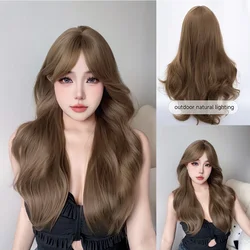 24Inch Tea Brown Color Lovely Lady Style Synthetic Wigs With Bang Medium Wavy Hair Wig for Women Daily Use Heat Resistant Shiny