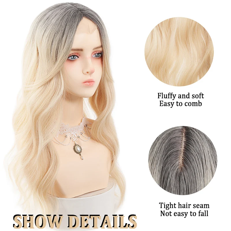 22 inch Synthetic Topper Wigs for Women Wave Head Top Hair Clip Topper Hair Extensions Middle-part Bangs with Front Small Lace