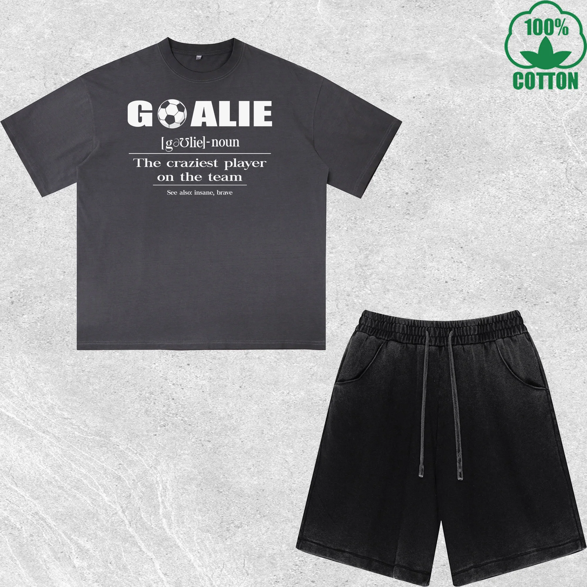 

Goalie Printed Dirty Wash T-Shirt Shorts Set Combo Loose Trendy Fashionable 100%Cotton Black Suit