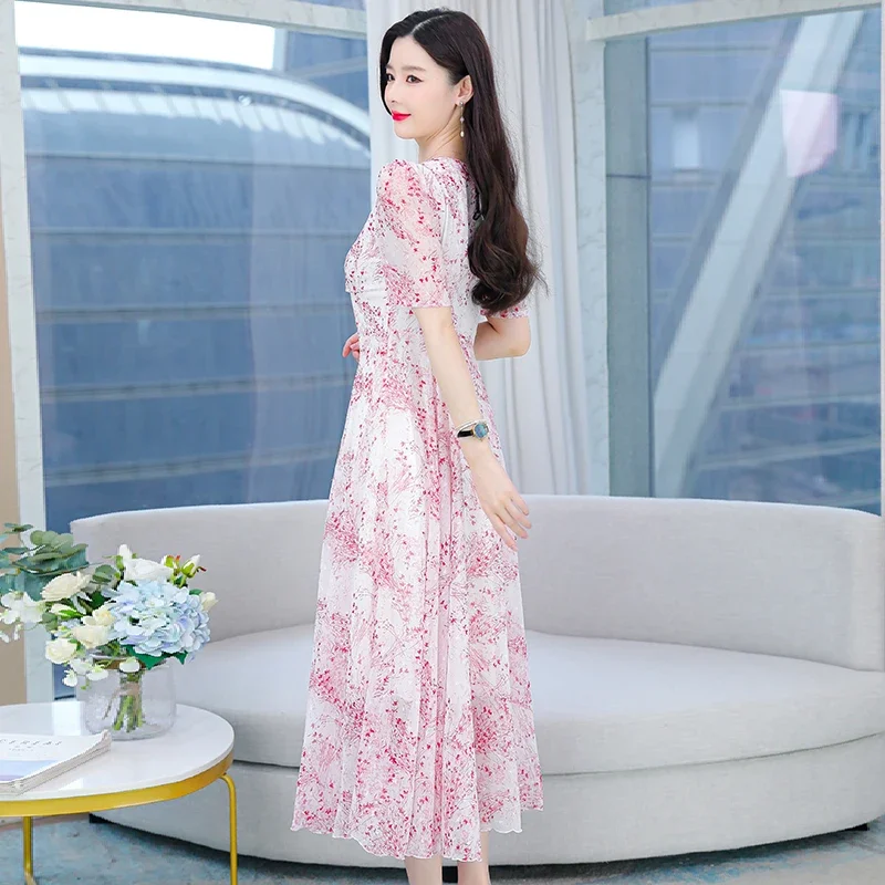 

2024 New Women Folds Office Ladies Plus Size Sundress Summer Elegant Slim Floral Pink Party Vacation Clothing Long High-Quality