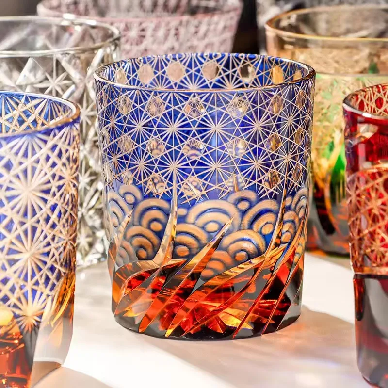 Japanese light luxury crystal glass pure hand-carved set color whistle cup wine glass whiskey cup