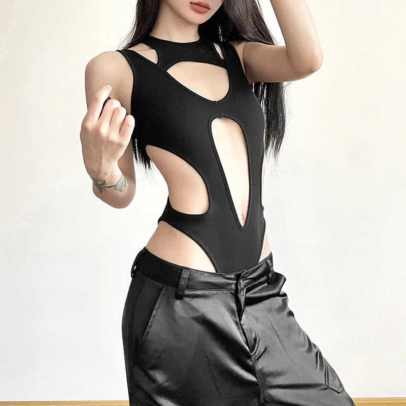 Sexy Spicy Girl U-neck Hollow Out Women\'s Clothing Splicing Slim Exposed Navel Short Women\'s Top Solid Color High Waist Jumpsuit