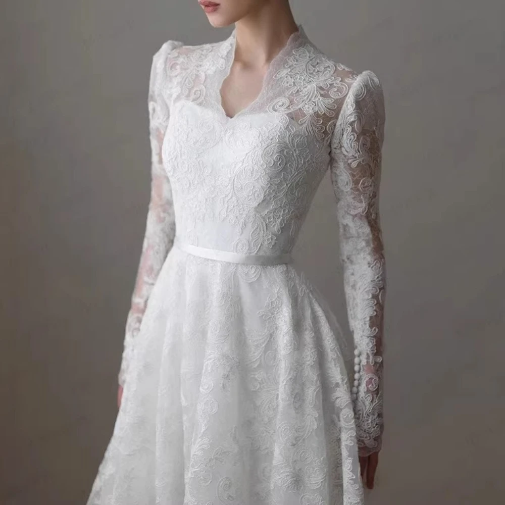 Vintage Elegant Lace Wedding Dress Embroidery A-Line Floor Length White Bridal Gown for Formal Wedding Bridal Dress