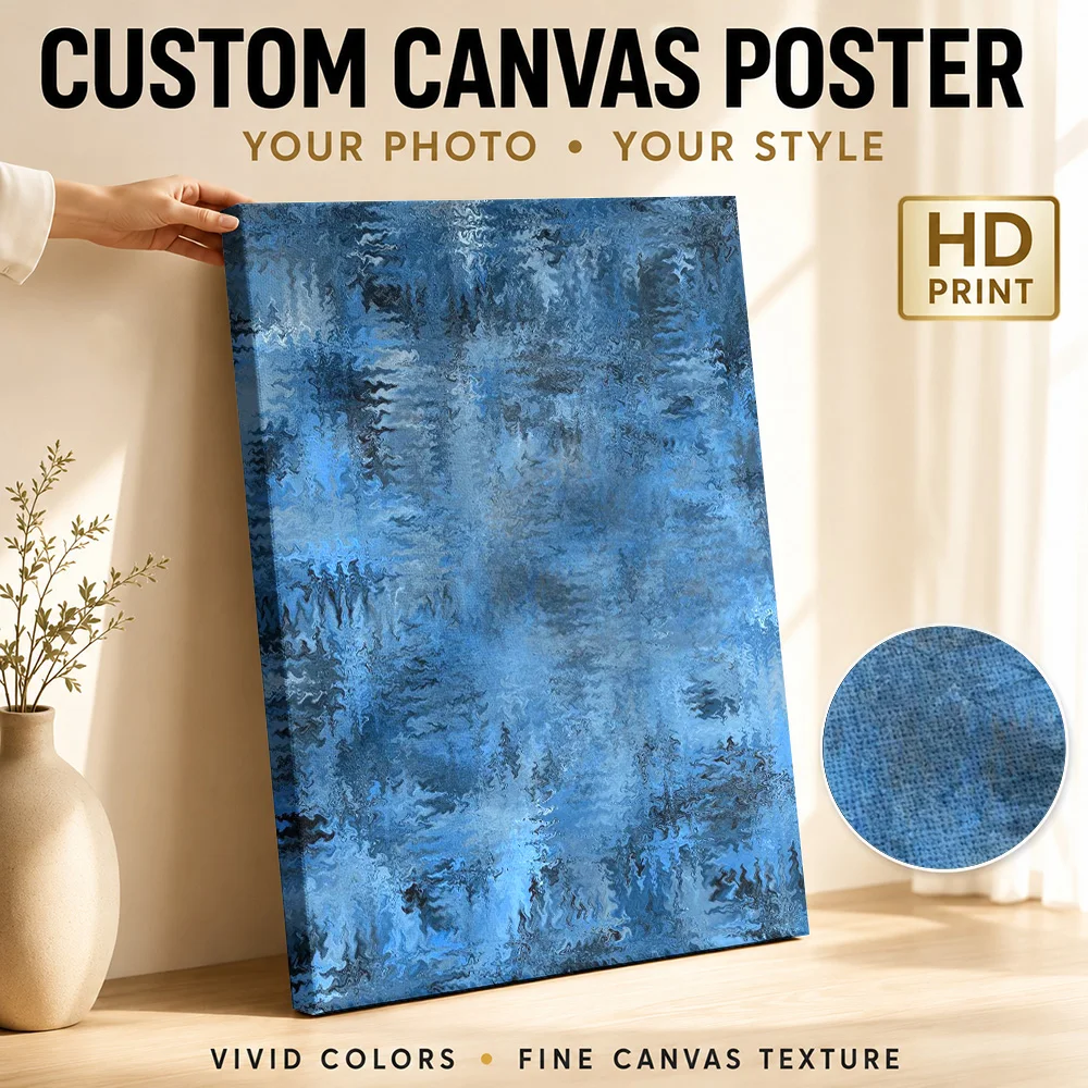 Layered Blue Brush Texture Canvas Print Personalized Photo Abstract Wall Art For Studio Reading Corner, Interior Stylist Gift