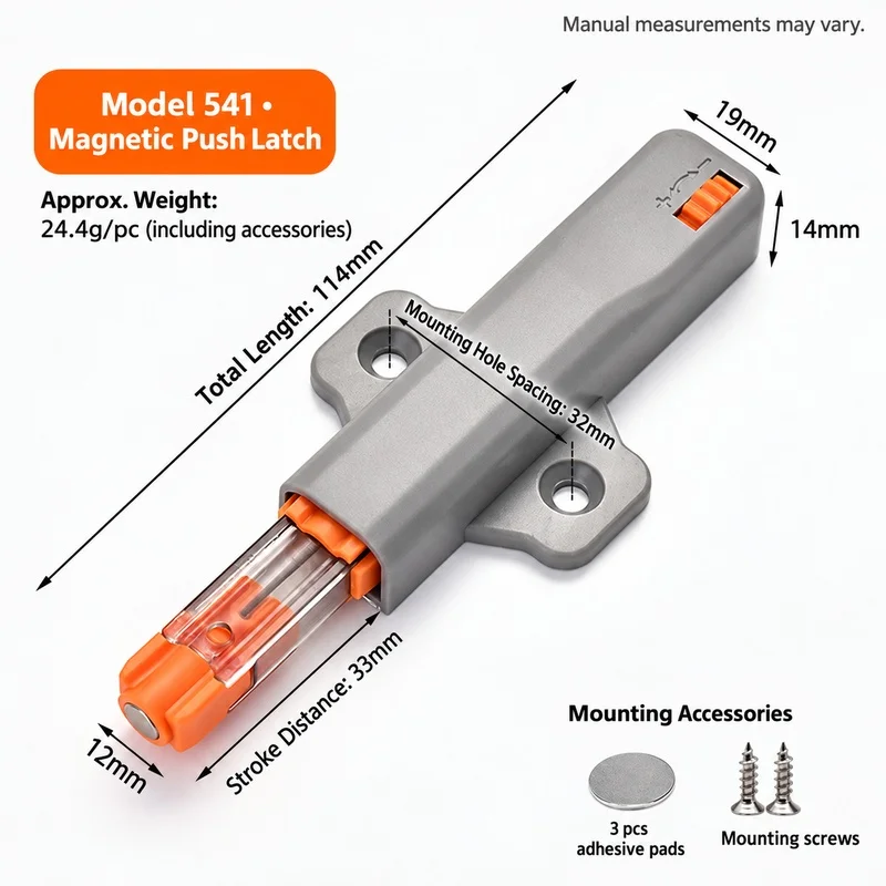 Cabinet Door Push Latch, Spring Loaded Push to Open Rebounder Catch for Handleless Cupboards, 6 Models
