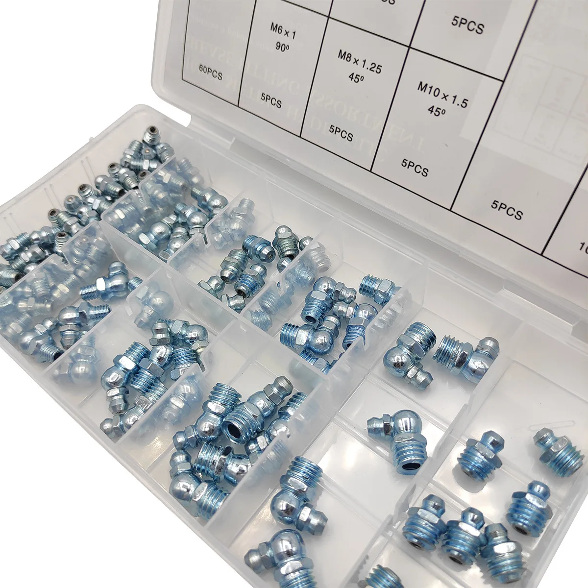 115Pcs Grease Nipple Fittings Assortment Kit ,Straight, 90-Degree, 45-Degree Angled M6,M8,M10 Grease nipple Butter gun fittings