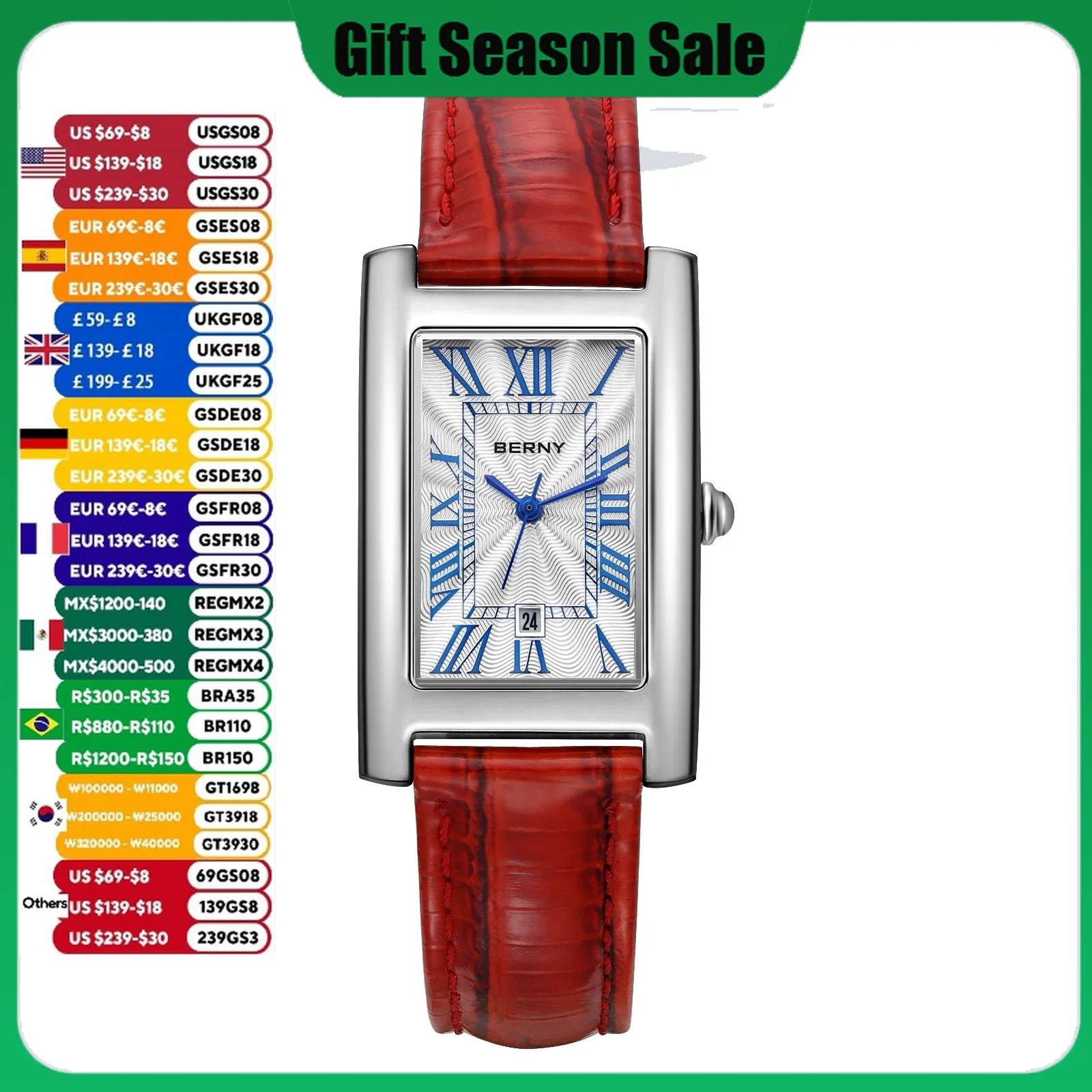 Reloj BERNY rectangular para mujer, reloj de pulsera con calendario de cuarzo de lujo para mujer, relojes cuadrados de cuero con Número Romano para