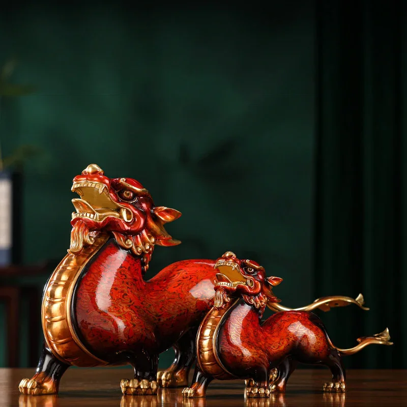 Brass Lacquered Pixiu Figurine Pair Metal Craft Ornament Luxury Decor Living Room Entrance Housewarming Opening Ceremony Gift