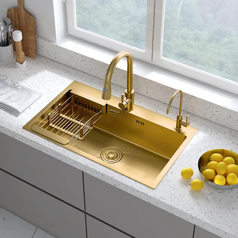 Gold Stainless Steel Kitchen Sinks Modern Home Kitchen Accessories Light Luxury Handmade Single-slot Kitchen Under-counter Basin