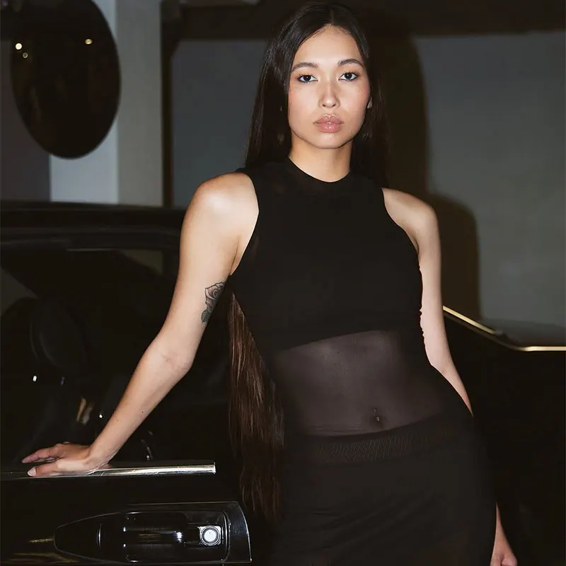 Nouvelles robes d'été pour femmes, sans manches, transparentes, élégantes, noires, Sexy, Maxi, mode, col rond, décontractées, Slim, vêtements