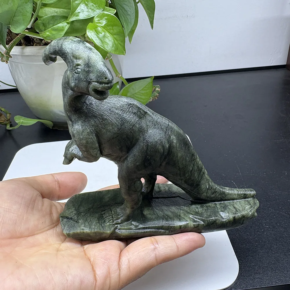 Custom Natural Xiuyan Jade Parasaurolophus Figurine - 12cm Hand-Carved Gemstone Dinosaur Statue Healing Crystal Decor