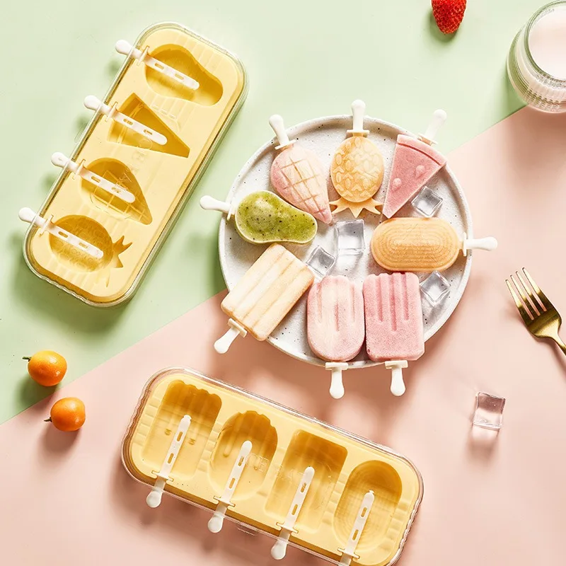 4 Holes Popsicle Molds Silicone Ice Cream Popsicle Making Mold Reusable Easy Release Ice Pop Make Mould Ice Maker Kitchen Tool