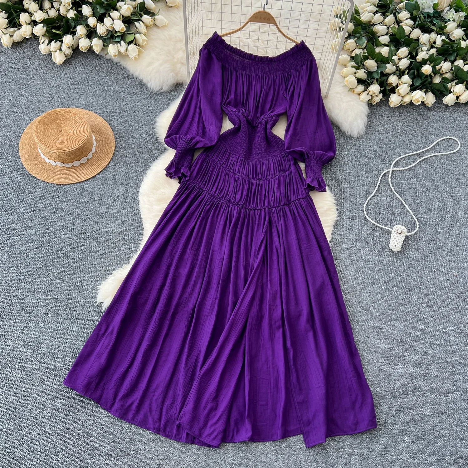 Vintage Slash Neck Basics Long Lantern Sleeve Chic Pleated Slim Split Dresses French Evening Women High Street Autumn Clothing