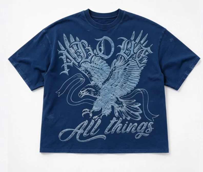 2026 Gothic Street Style Distressed Tee Flying Eagle Illustration Print Vintage Design Breathable Cotton Short Sleeve Shirt