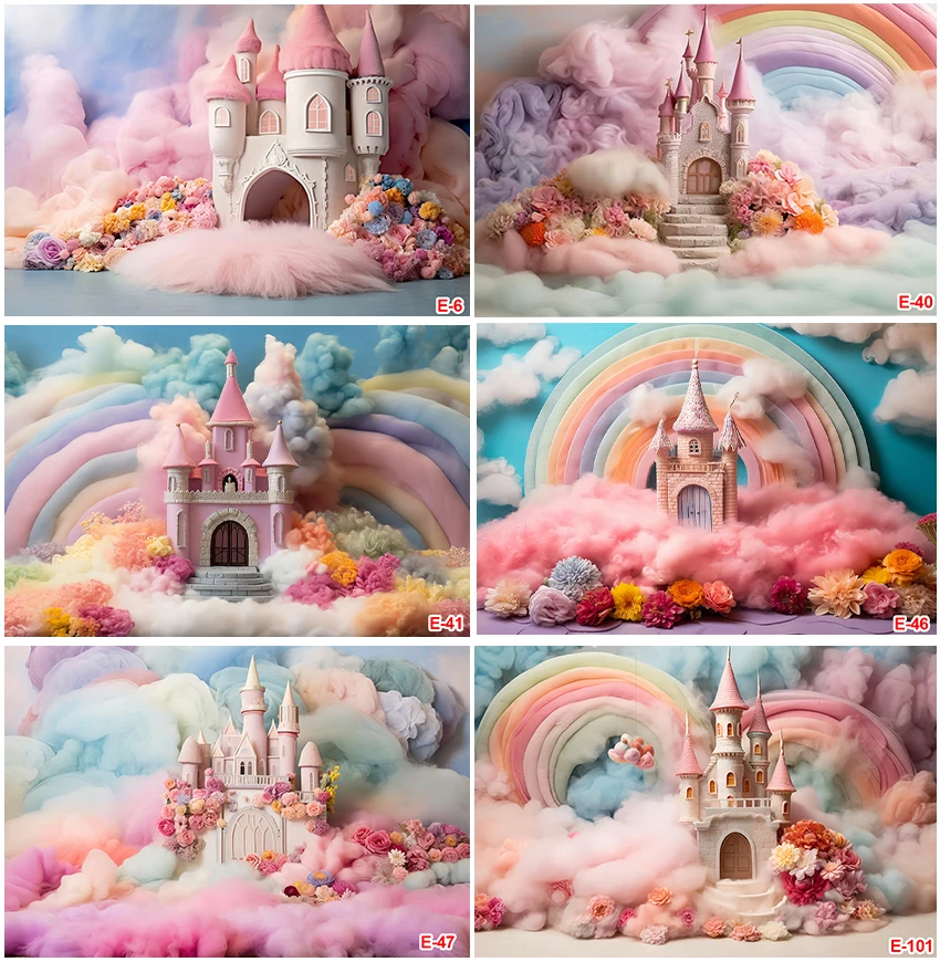 

Pink Cloud Castle Rainbow Princess Girls Birthday Flowers Dreamy Party Decoration Backgrounds Photographic Studio Props Backdrop